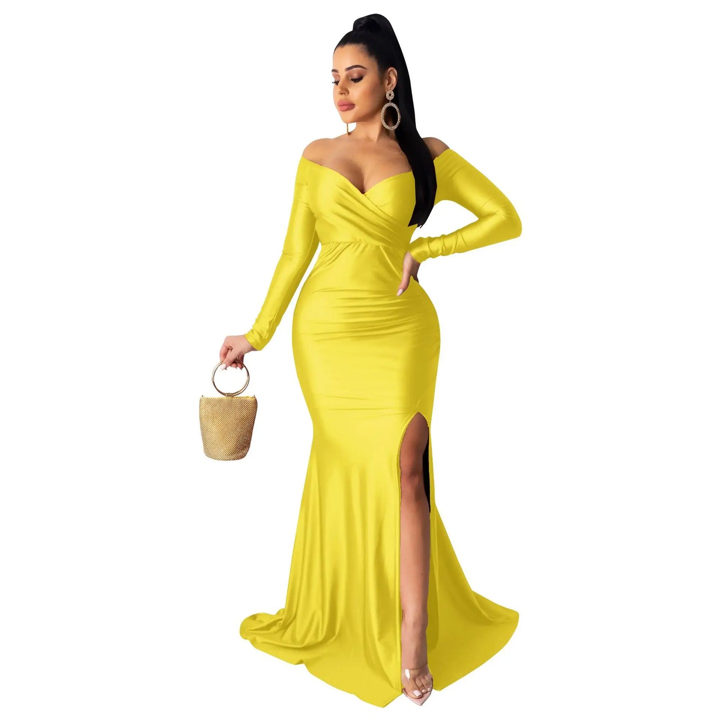 Pink Elegant Party Dresses Ladies Long Sleeve V Neck High Slit Maxi Dress High Waist Corset Metallic Bodycon Long Dress Vestidos