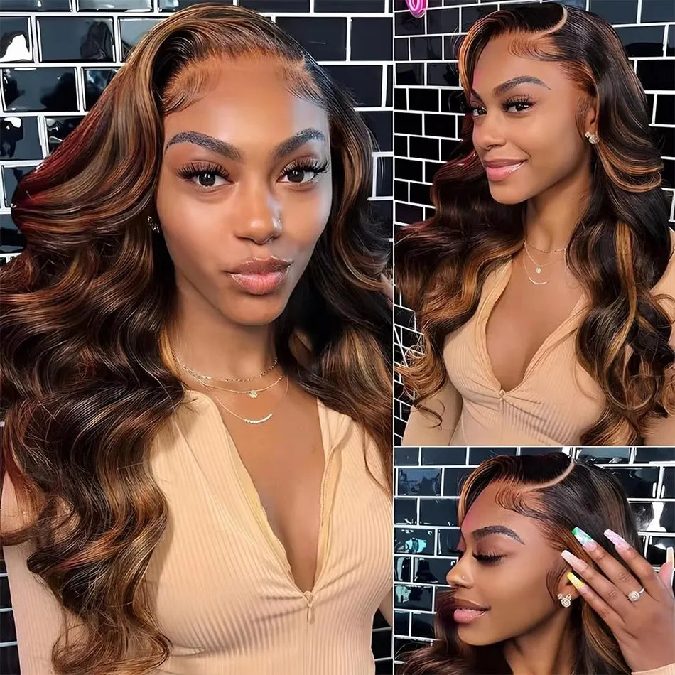 Mossily 250 Density 30 Inch Body Wave Highlight Wig Human Hair 1B/30 Black Brown Highlight 13x6 HD Lace Frontal Wig Human Hair