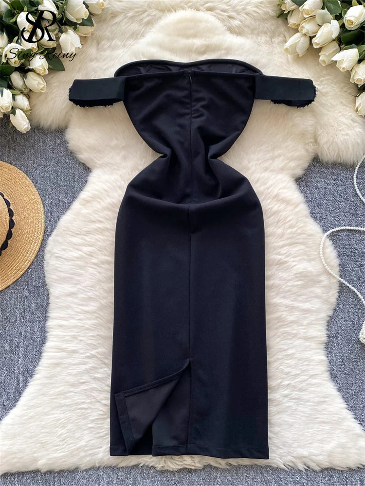 SINGREINY French Senior Evening Dress Women Diamonds Off The Shoulder Hotsweet Chic Fashion Elegant Skinny Split Midi Sundress