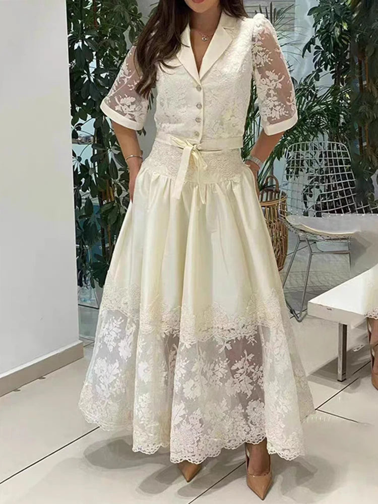 Retro embroidered lace lapel short shirt two-piece set for 2025 summer women's wear + applioned high-waisted loose skirt set
