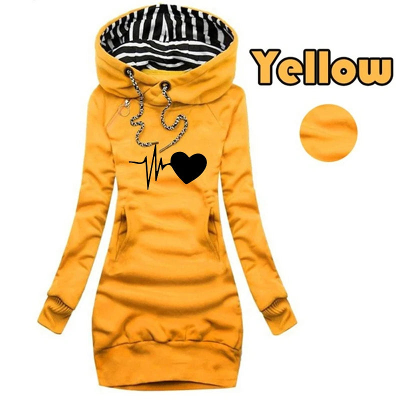 New electrocardiogram Printed Women Autumn Winter Solid Color Long Sleeve Casual Hoodies Dress Sweater Dress S-3XL