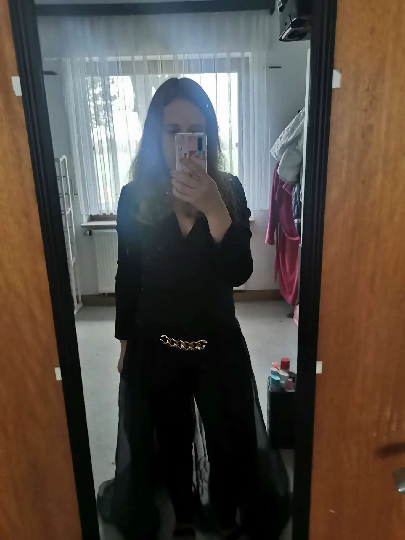 Fall Outfits Women Chain Decor Sheer Mesh Overlay Long Sleeve Tight Fitting Jumpsuit Fashion and Elegant Commuting Combinations