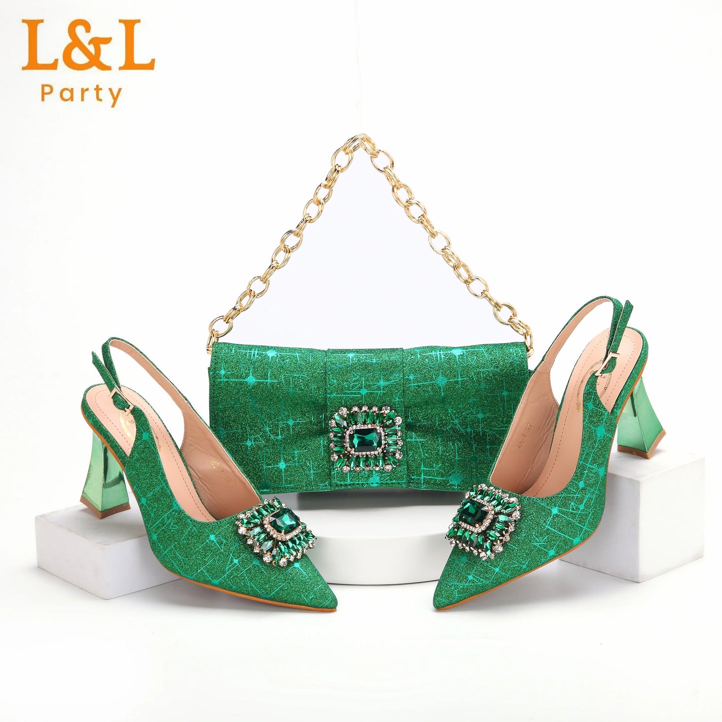 2024 Latest Italian Design African Women's High Heels Pointed Toe Sandals Party Wedding Party Gold Color Shoes and Bags Set