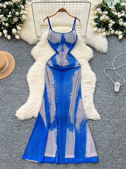 SINGREINY Sexy Beach Party Long Dress Diamonds Print Straps Backless Slim Fit Sundress Women Summer Mesh Bodycon Evening Dress
