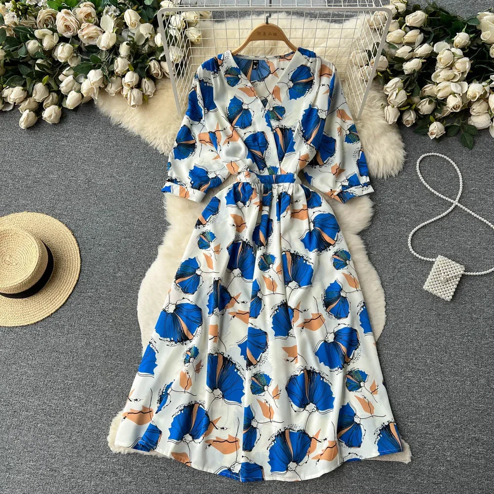 Summer Holiday Floral Beach Wrap Dress Women V Neck Short Sleeves Chic A Line Dress Bohemian Vintage Print Long Dress