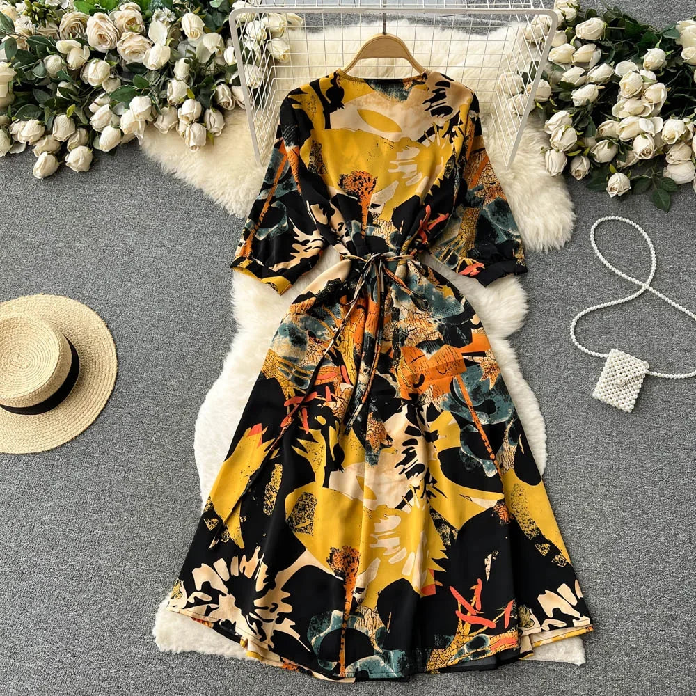 Summer Holiday Floral Beach Wrap Dress Women V Neck Short Sleeves Chic A Line Dress Bohemian Vintage Print Long Dress