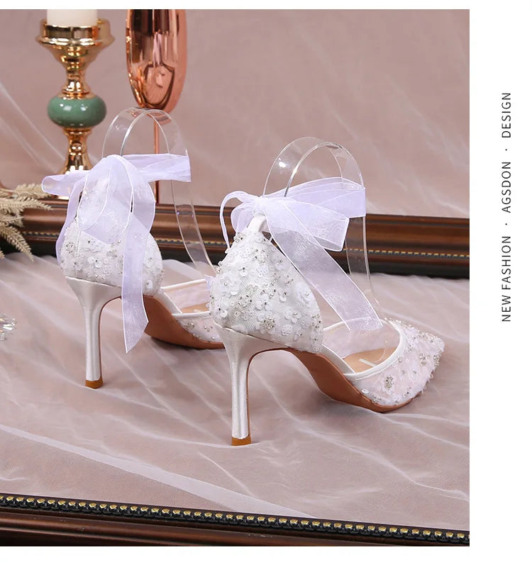 French Beaded Hollow Sandals Women's White Lace Strap Pointed High Heel Main Wedding Shoes
