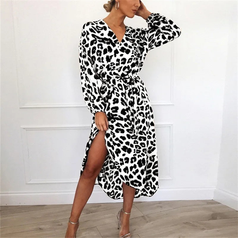 Leopard Print Slimming Dresses Women Spring Fall Long Sleeve Spliced Folds Side Split Elegant Dresses Female Vestidos Midi Dress
