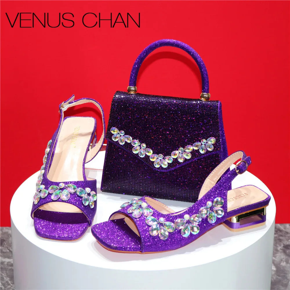 New INS High-Heeled Fish Beaked Toe Cap Wedding Shoes Colorful Full Diamond Design Shoe and Bag Set for Nigeria Party