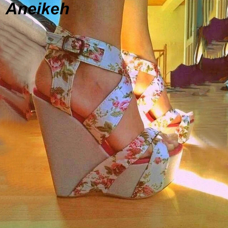 Aneikeh Women Wedges Sandals Summer Platform Sandals High Heels Shoes Ankle Strap Designer Silk Print Footwear Sandals Pumps