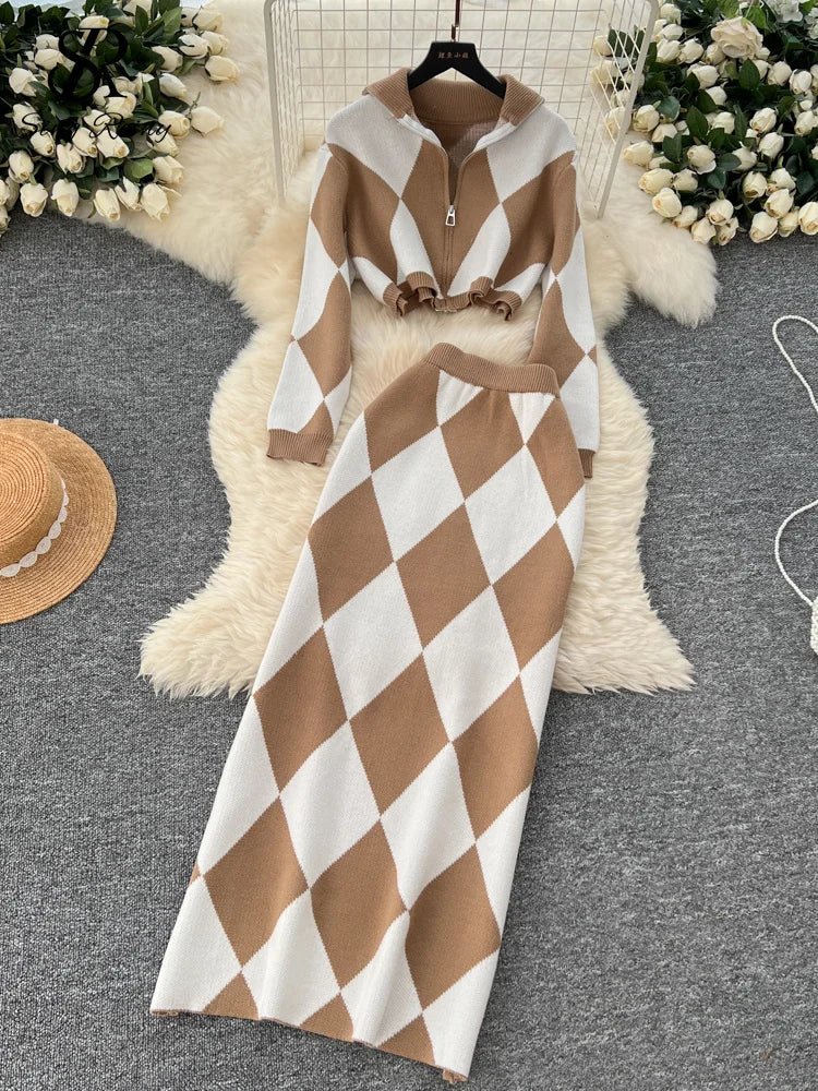 SINGREINY American Fashion Warm Suits Women Lapel Neck Zipper Tops+High Elastic Skinny Skirt Plaid Streetwear Two Pieces Sets