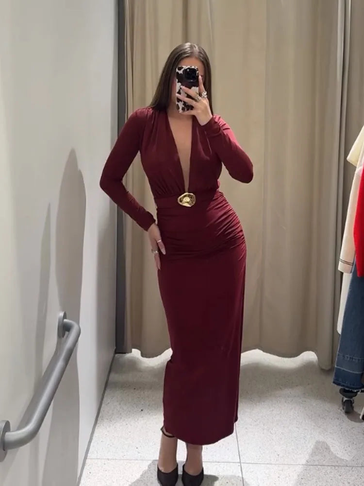 TRAFZA Women Spring New Sexy Deep V-neck Inlaid Belt Long Sleeve Slim Dress Female Temperature Evening Dress Pleated Long Dress