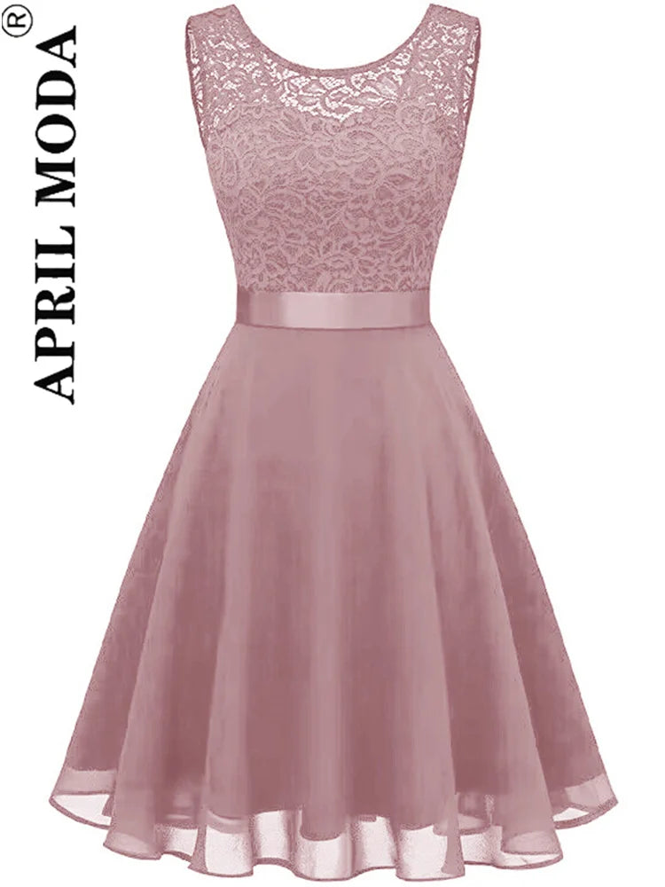 2025 Pink White Lace Chiffon Swing Dresses for Women Elegant Peplum High Waist Purple Sleeveless Party Robe Female A Line Dress