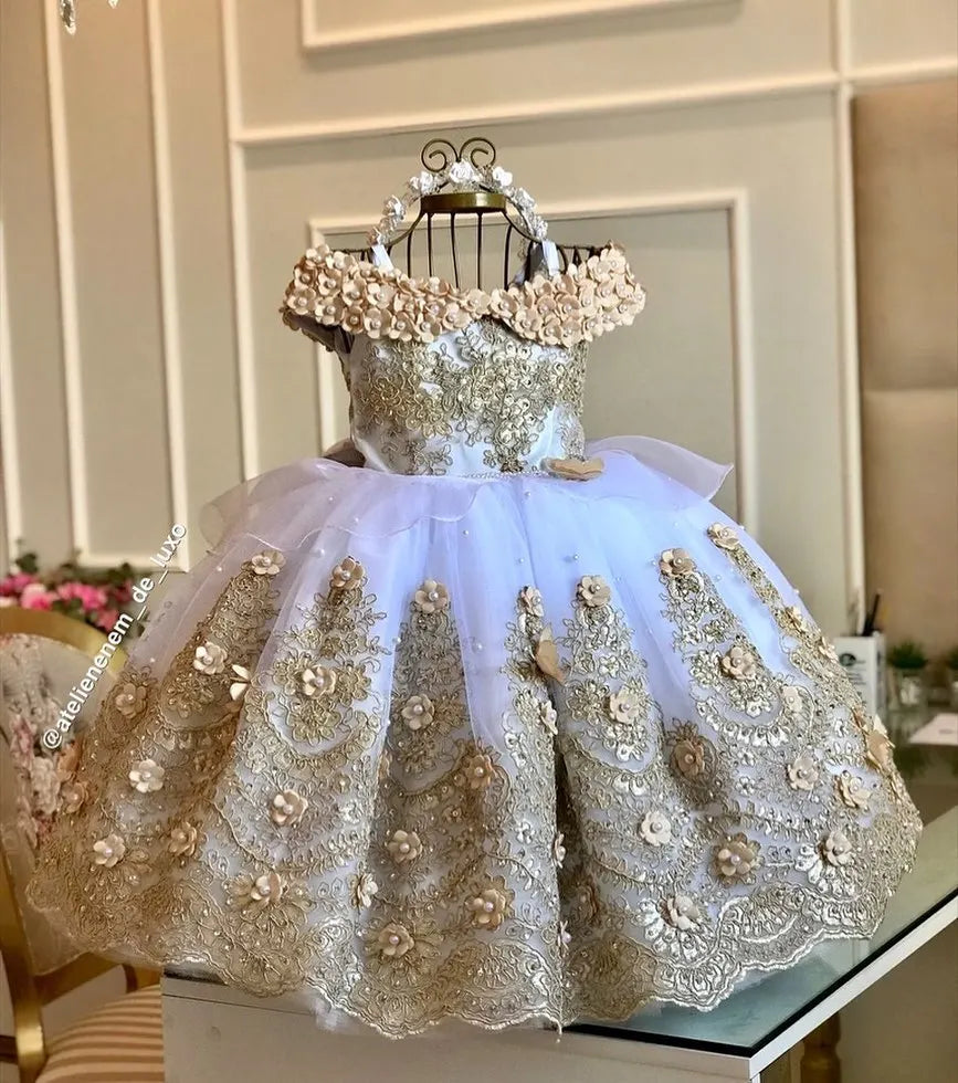 Gold Flower Girl Dress For Wedding Puffy 3D Applique Tulle With Pearl Princess Kids Birthday First Communion Ball Gown
