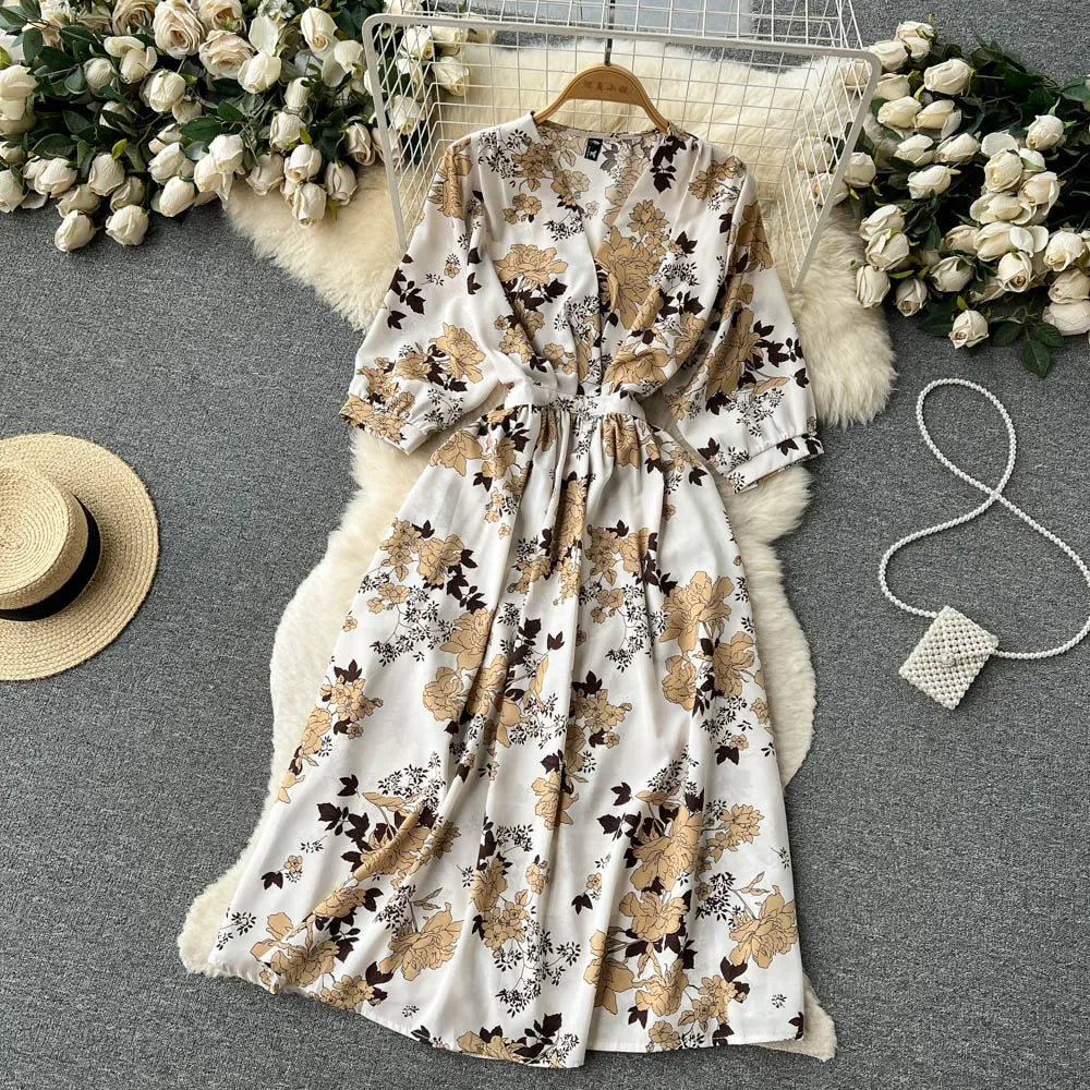 Summer Holiday Floral Beach Wrap Dress Women V Neck Short Sleeves Chic A Line Dress Bohemian Vintage Print Long Dress