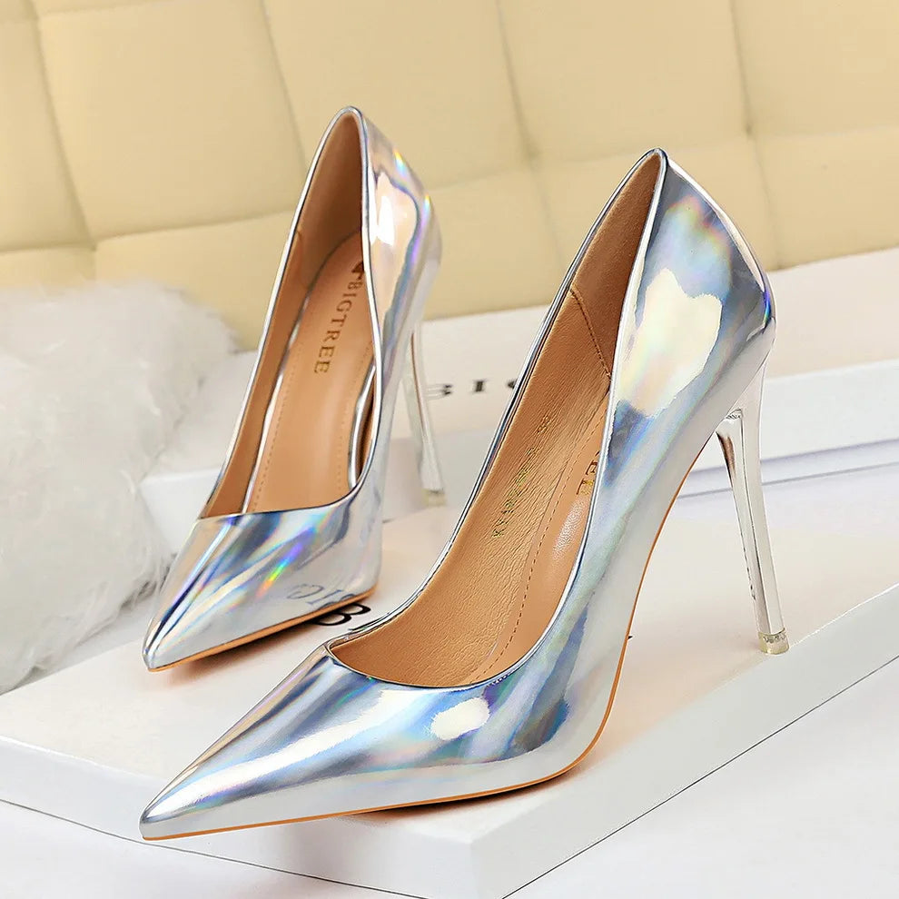 Women High Heels Blue Green Valentine Pumps Luxury Glossy Stiletto Wedding Bridal Nightclub Fashion Simple Solid Color 1829-2