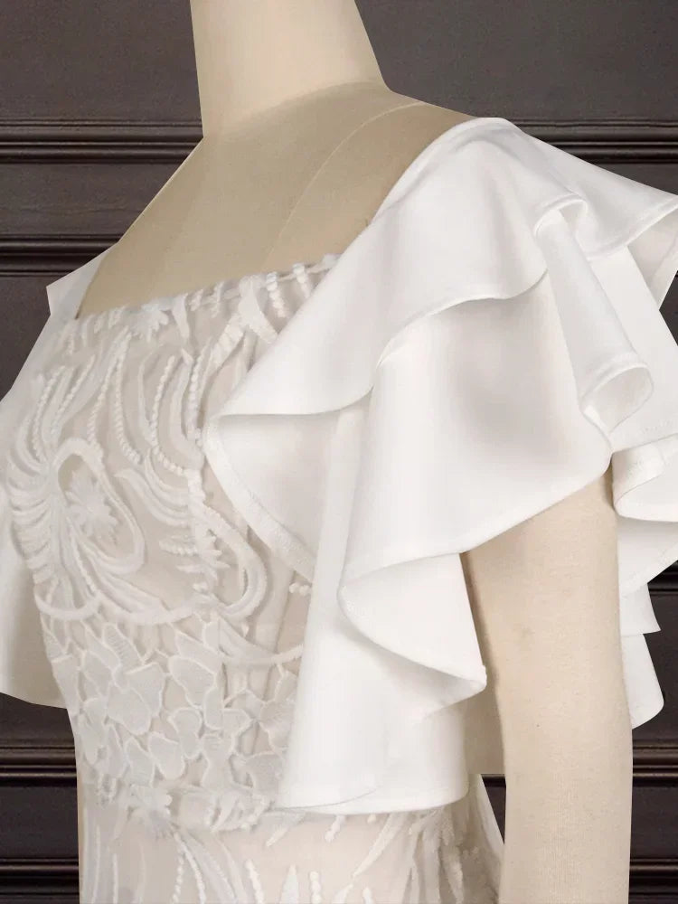 Elegant Women White Lace Dresses Ruffle Sleeves Slim Fit Knee Length Dress Chic Ladies Party Birthday Celebrity Outfits XXXL