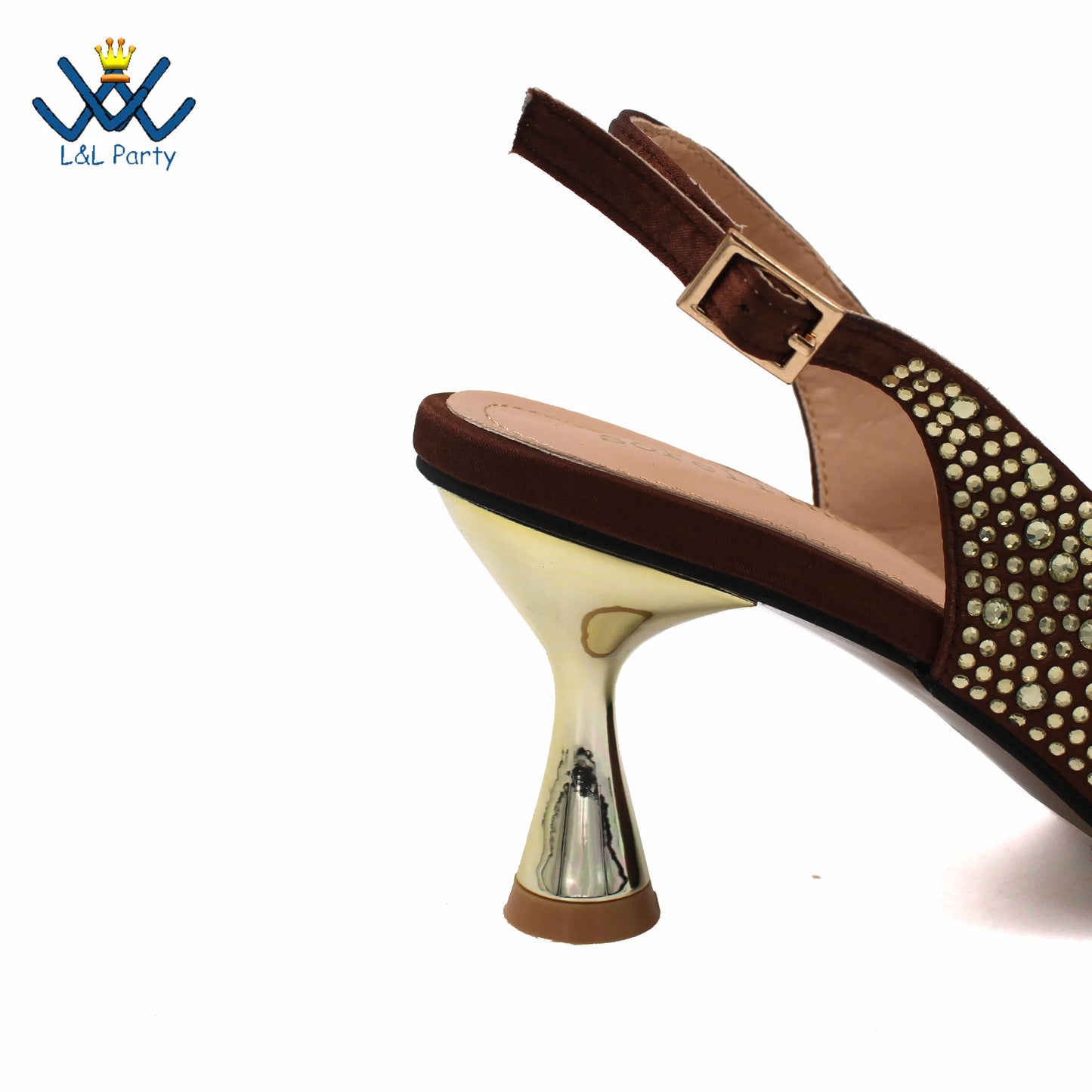 Coffee Color Fashion Italian Women Shoes and Bag Set High Quality New Full Shinning Crystal Slingbacks Pumps for Wedding