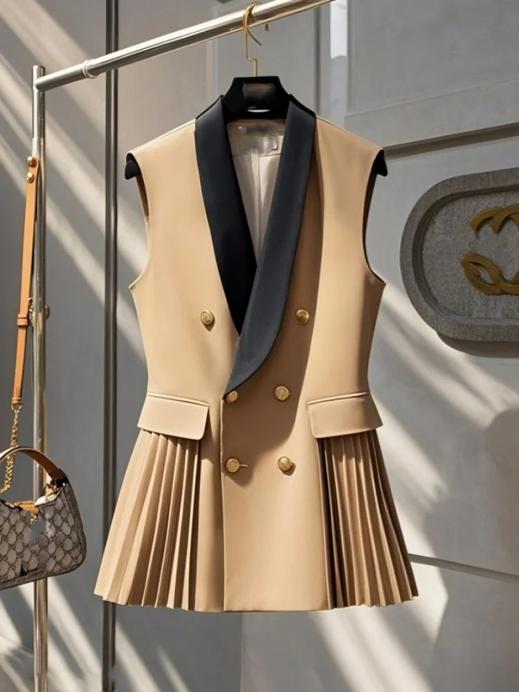 Spring Summer Jacket Vest Color Block Coffee Sleeveless Blazers Waistcoat Retro Female Outerwear All-match Fashion Office Lady