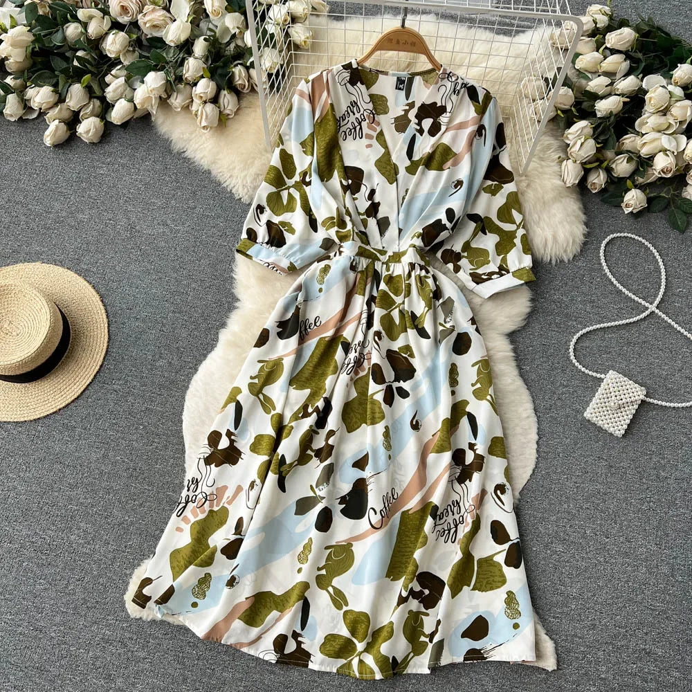 Summer Holiday Floral Beach Wrap Dress Women V Neck Short Sleeves Chic A Line Dress Bohemian Vintage Print Long Dress