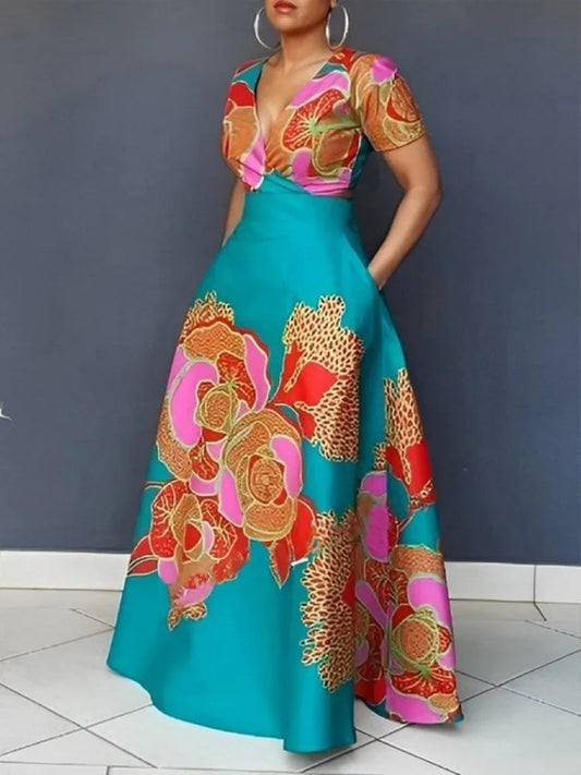 Freeacy Floral Printed Elegant Evening Dresses for Women Deep V-neck Short Sleeves High Waist Pleated Dress Slim Fit Maxi Dress