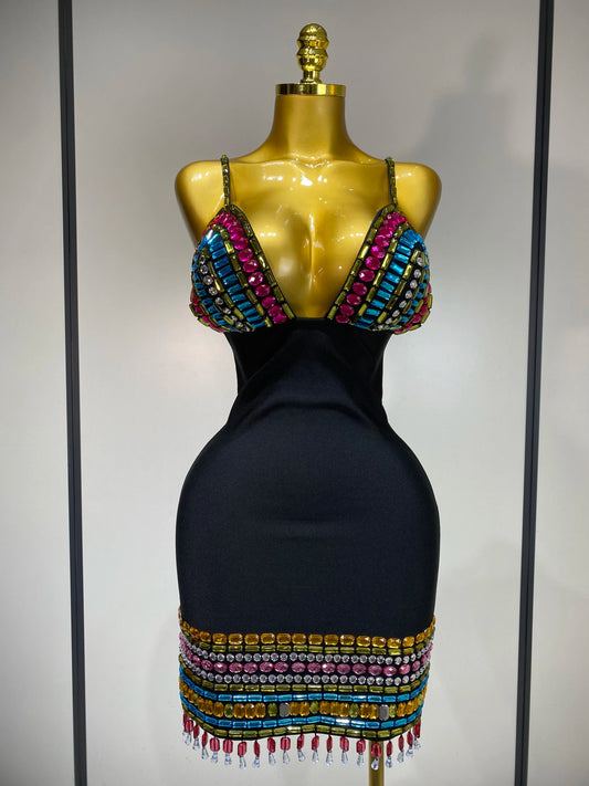 Sparkly Colorful Diamonds V Neck Black Bodycon Bandage Dress 2025 Celebrity Elegant Evening Club Party Luxury Birthday Dresses
