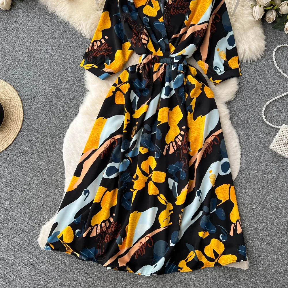 Summer Holiday Floral Beach Wrap Dress Women V Neck Short Sleeves Chic A Line Dress Bohemian Vintage Print Long Dress