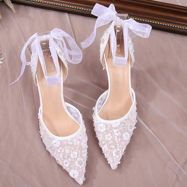 French Beaded Hollow Sandals Women's White Lace Strap Pointed High Heel Main Wedding Shoes