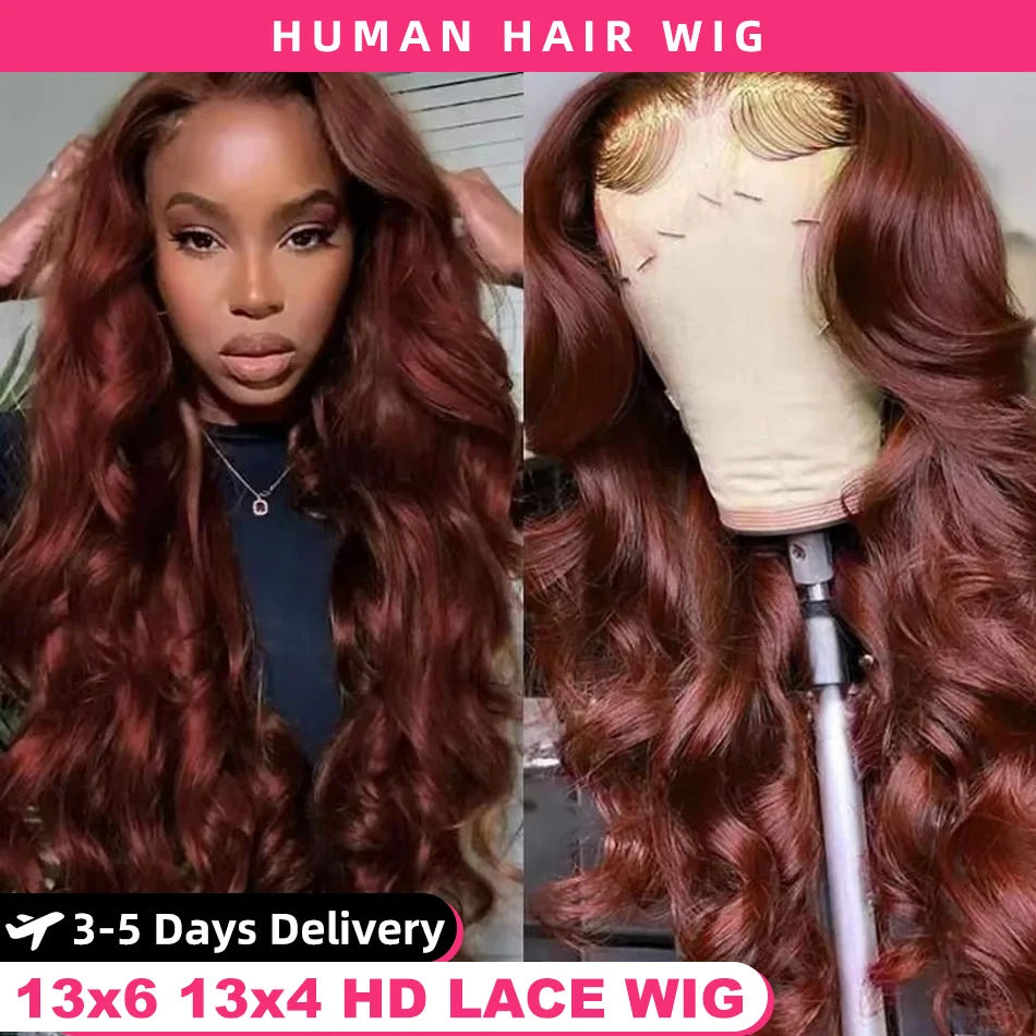 30 Inch Reddish Brown Body Wave Lace Front Wig 13x6 HD Lace Frontal Wig 13x4 Lace Front Human Hair Wigs Body Wave Closure Wig
