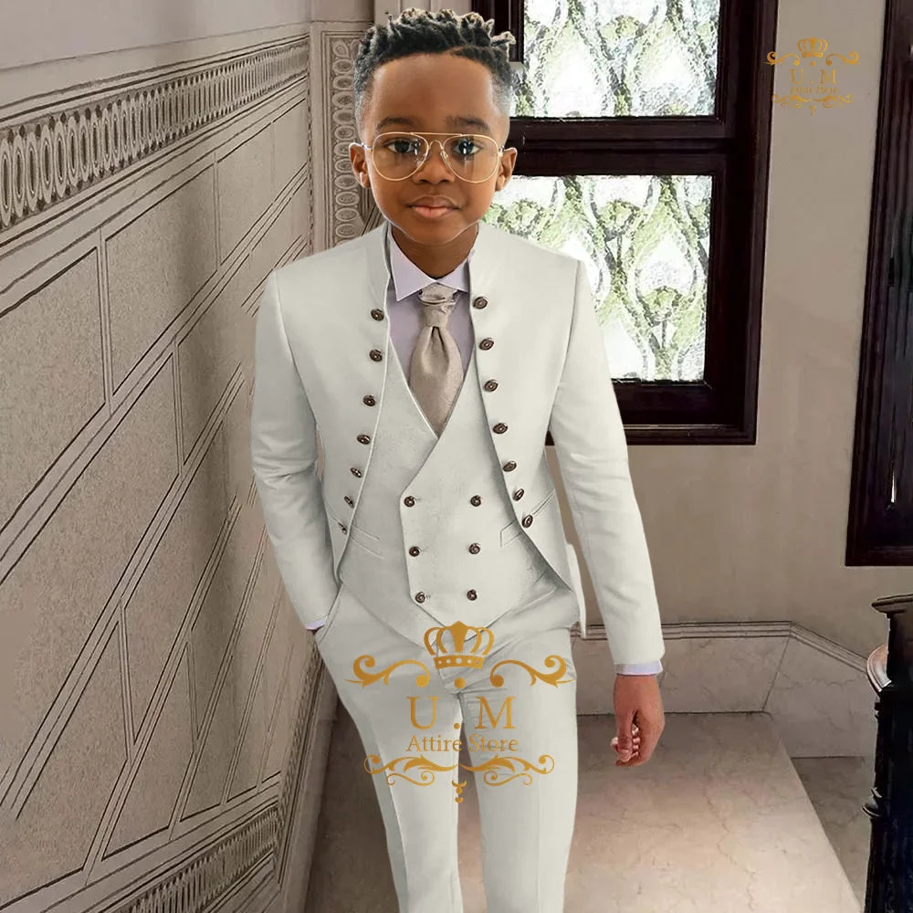 khaki boy's suit 3-piece set in khaki full open top jacket vest pants custom tuxedo for children wedding birthday cocktail party
