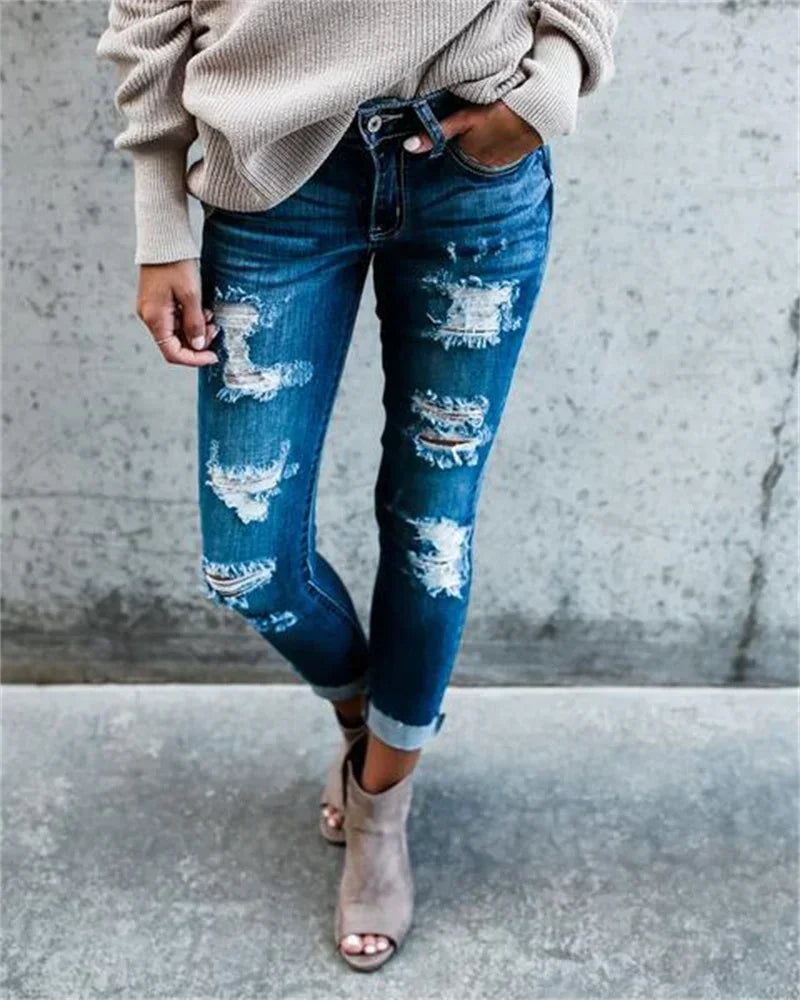 Casual Skinny Pencil Pant Women Streetwear Hole Worn Slim Jeans Pants Trendy Ripped Stretch Light Blue Denim Trousers For Female