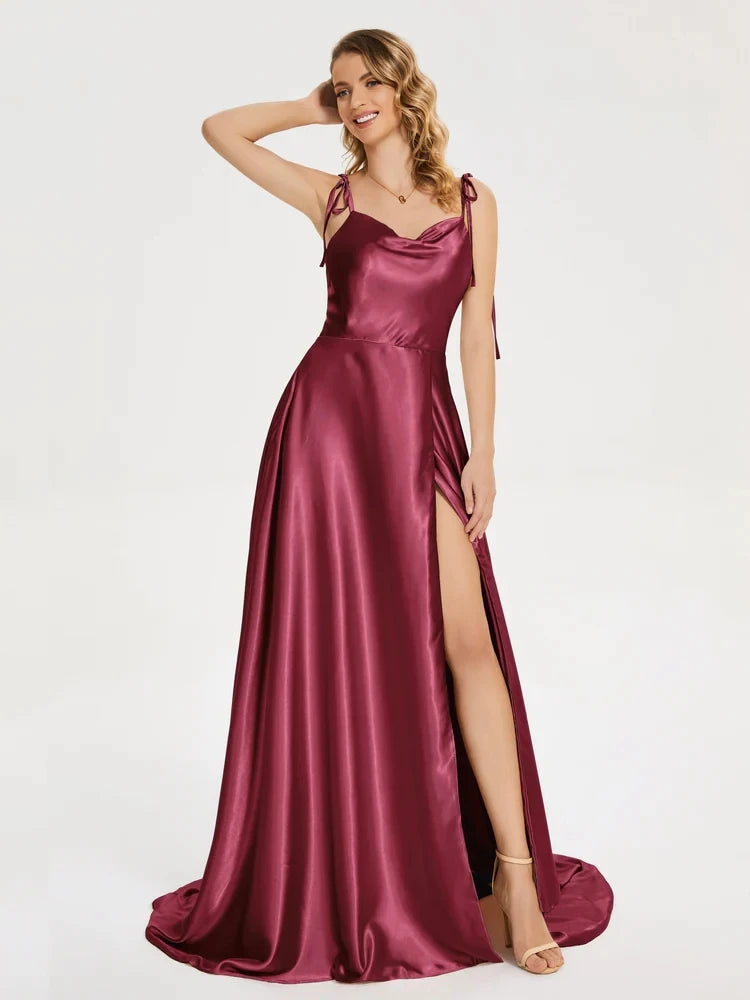 BABYONLINE Prom Dress Satin A-line Gown with Strappy Lace Up Back and High Skirt Slit Floor Length Wedding Bridesmaid Dresses