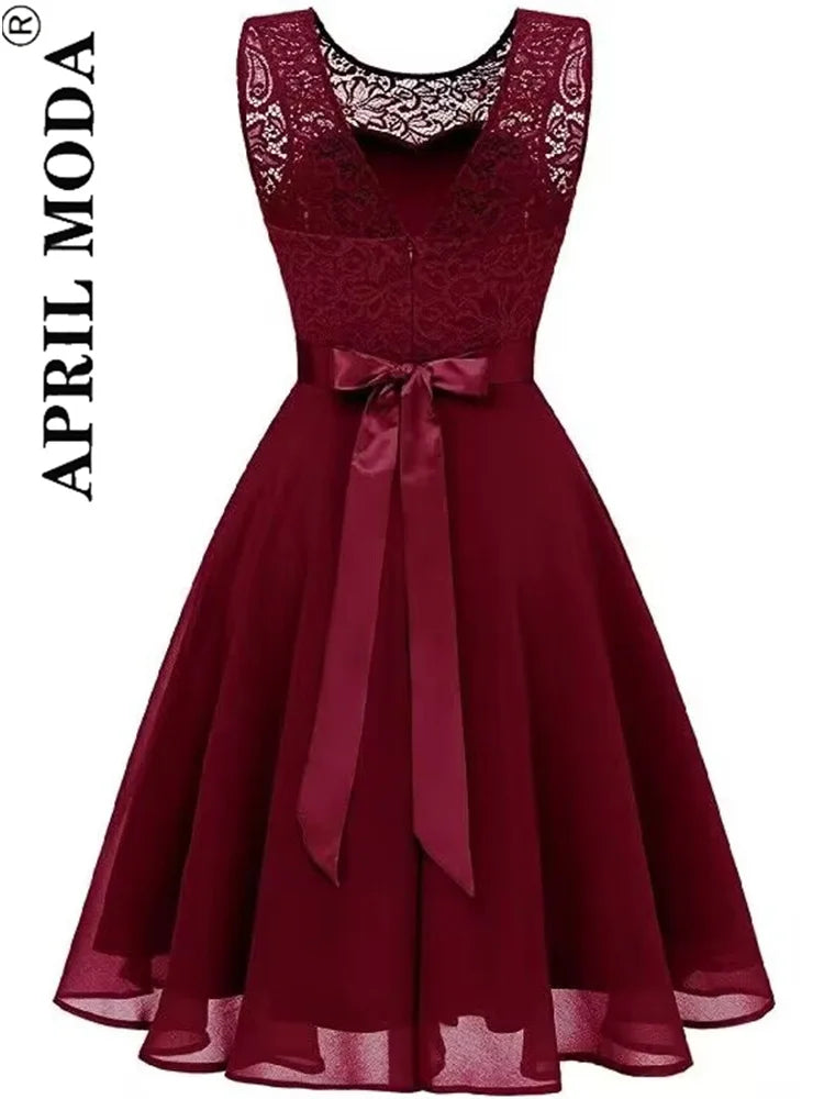 2025 Pink White Lace Chiffon Swing Dresses for Women Elegant Peplum High Waist Purple Sleeveless Party Robe Female A Line Dress