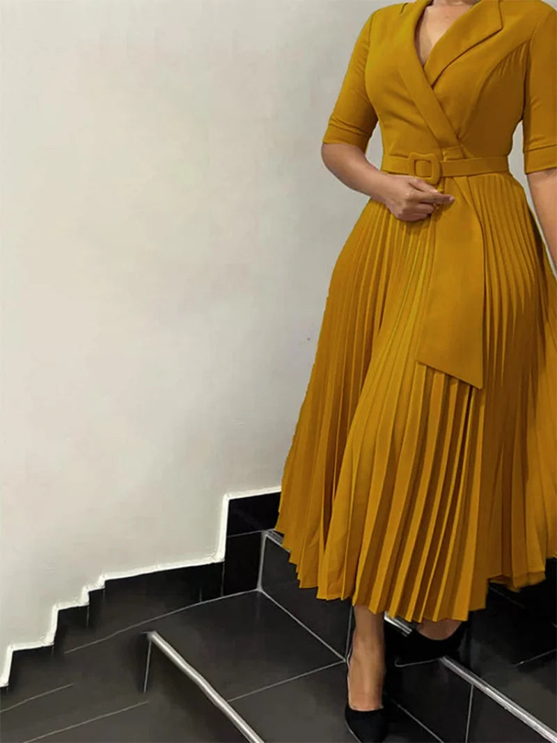 Women's Fall  new commuter fashion suit collar pleated waist plus size dress