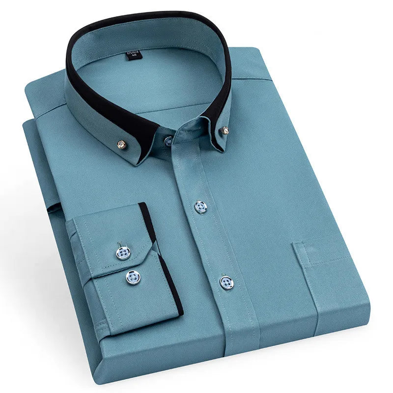 New Men's Business Shirt Long Sleeve Spring Autumn Contrast Collar Paired With Diamond Anti Wrinkle Buttoned Pink For Wedding