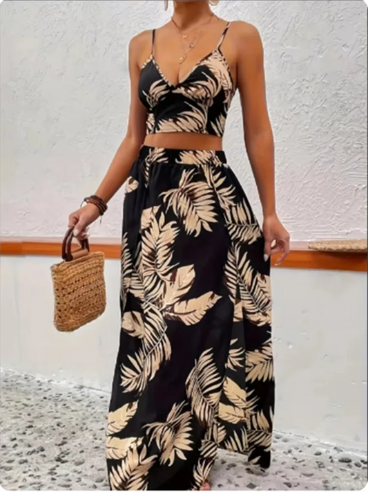 Sleeveless Printed Dress Set for Women Sexy Half Skirt Elegant Deep V-Neck Strap High Waist Summer Luxury