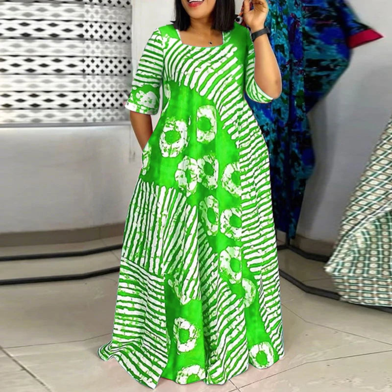 Plus Size Women Bohemian Maxi Dress 2025 Summer Printed Long Sundress VONDA Beach Party Vestidos Half Sleeve Casual Loose Robe
