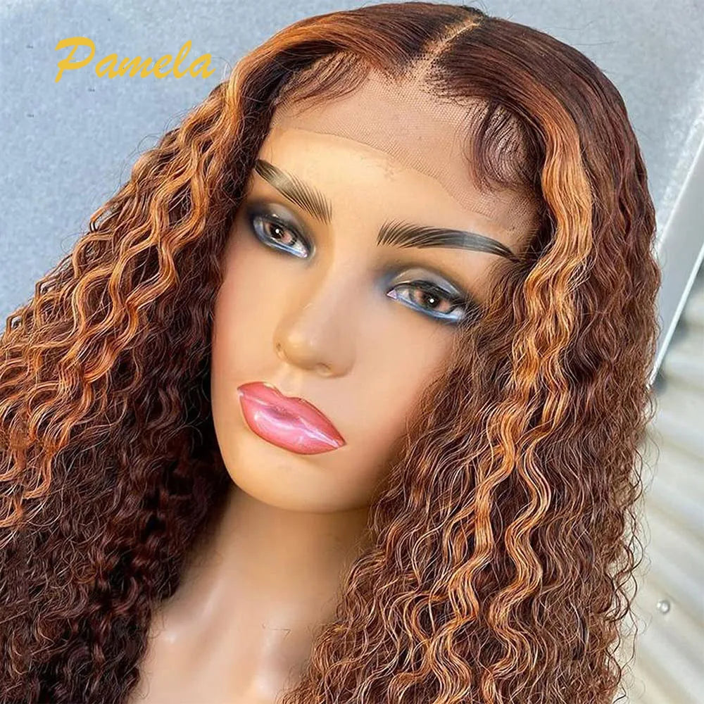 Curly 13x6 Transparent Lace Frontal Human Hair Glueless Wig Pre plucked Ready To Go Honey Blonde Pick And Chocolate Colored Wigs
