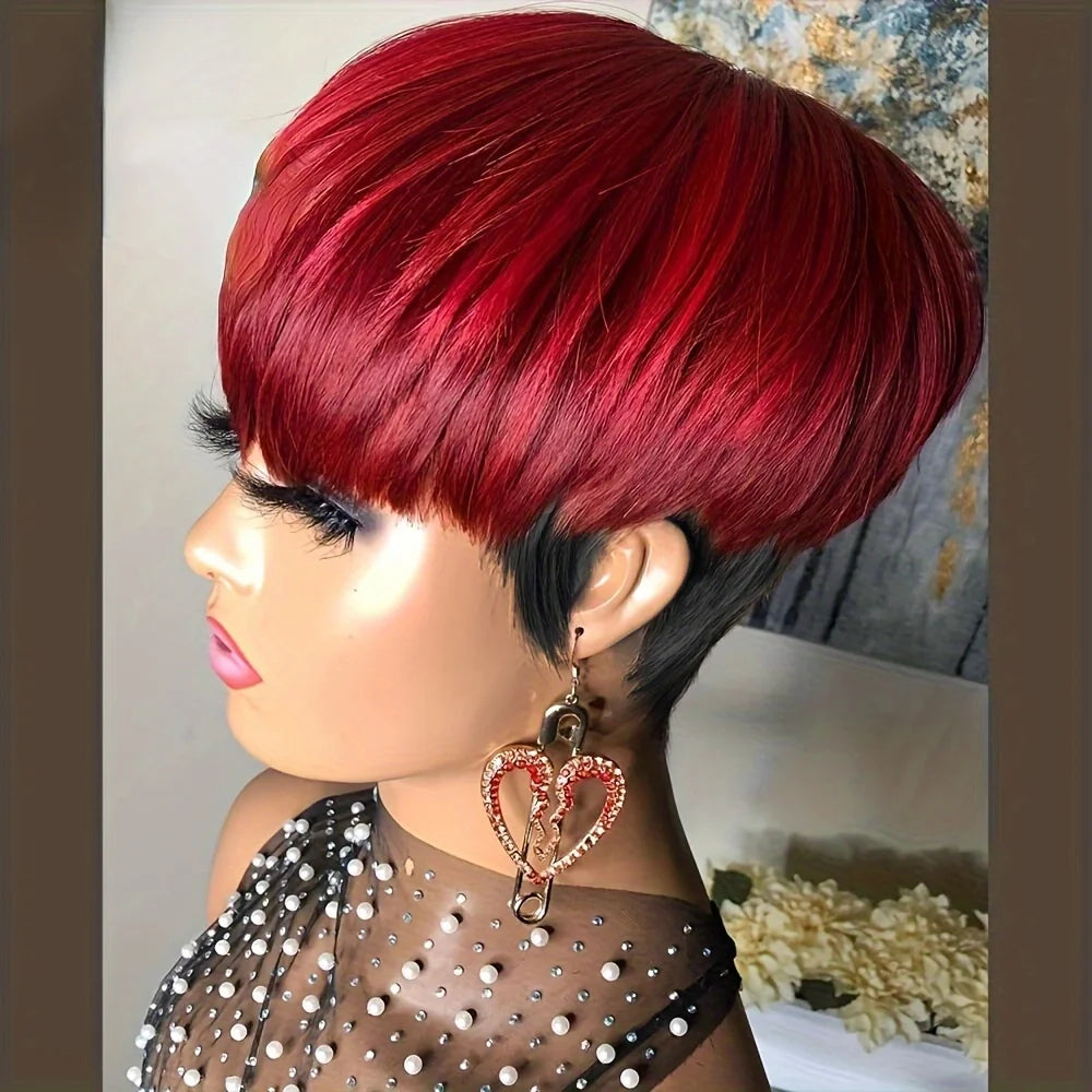 1B/27 Colored 1B/RED Color 613 Color Wig Short Pixie Cut Straight Human Hair Wig Remy Hair With Bangs Wig Full Machine Made Wig