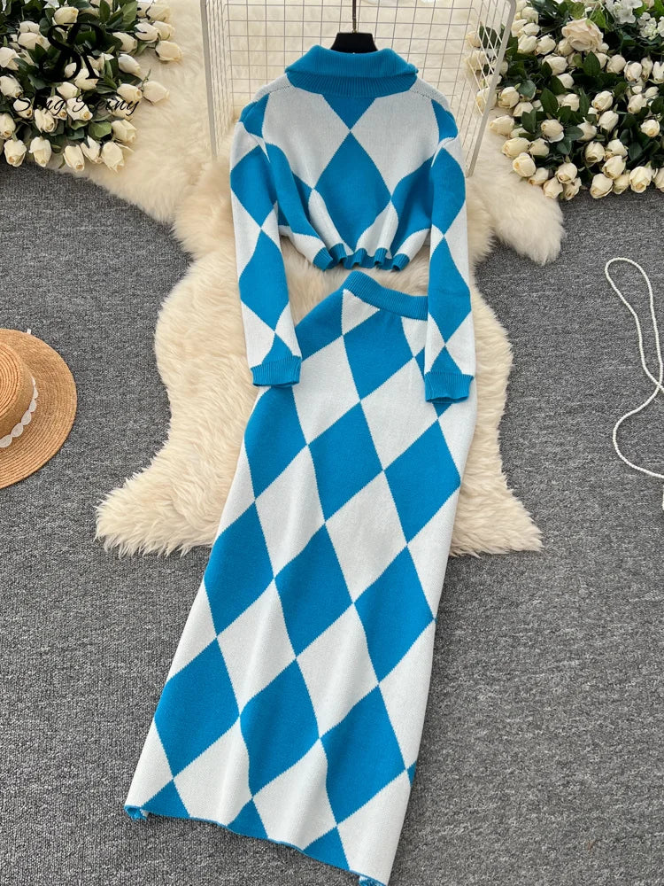 SINGREINY American Fashion Warm Suits Women Lapel Neck Zipper Tops+High Elastic Skinny Skirt Plaid Streetwear Two Pieces Sets