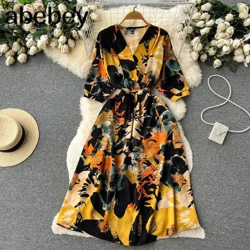Summer Holiday Floral Beach Wrap Dress Women V Neck Short Sleeves Chic A Line Dress Bohemian Vintage Print Long Dress