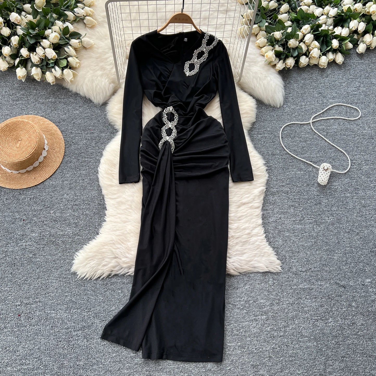 Elegant Long Sleeves Vintage V-neck Chic Rhinestone Pleated Asymmetrical Slim Split Dresses Evening High Street Autumn Clothing