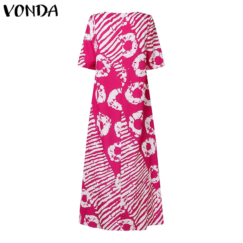 Plus Size Women Bohemian Maxi Dress 2025 Summer Printed Long Sundress VONDA Beach Party Vestidos Half Sleeve Casual Loose Robe
