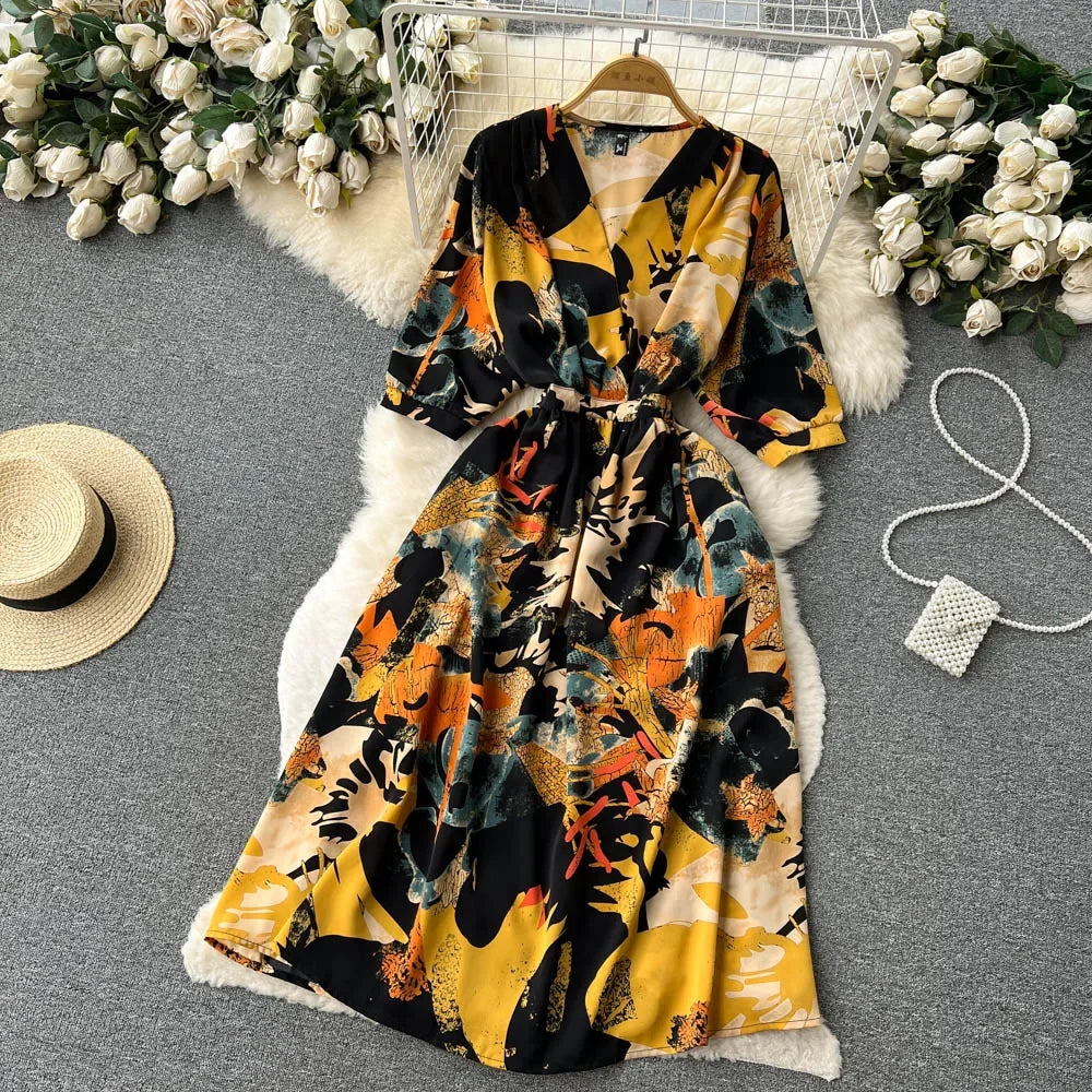 Summer Holiday Floral Beach Wrap Dress Women V Neck Short Sleeves Chic A Line Dress Bohemian Vintage Print Long Dress
