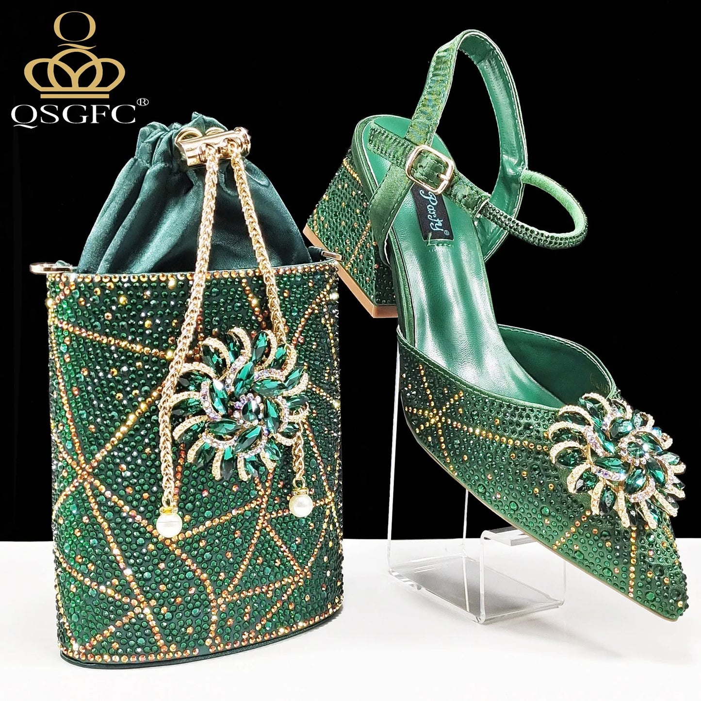 QSGFC Fashion Design High-end Women's Shoes with Diamond Oval Stand Bag Women's High Heels for Special Day or Work