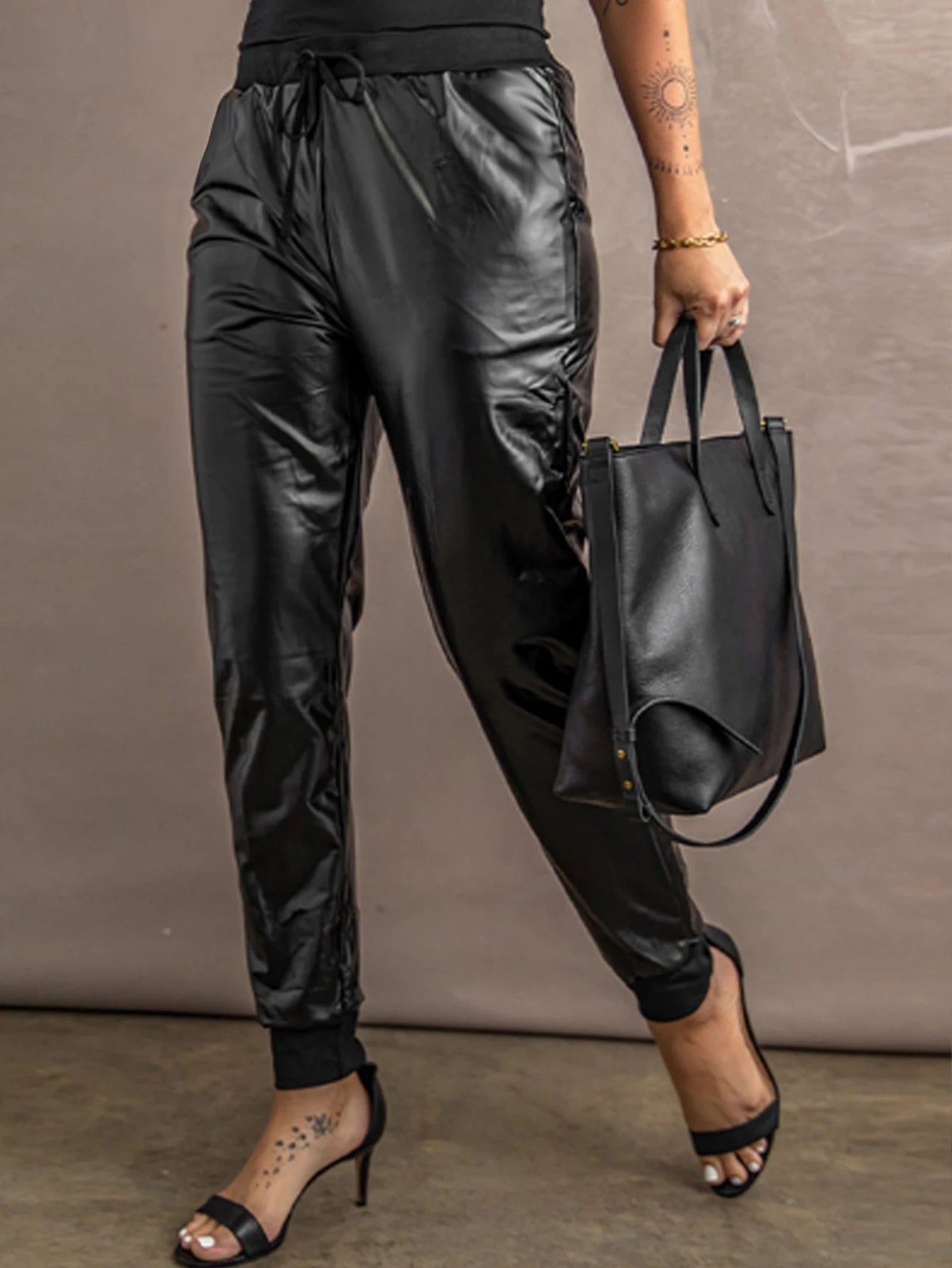 Women  Leather Drawstring Pocket Design Mid Waist Loose Elastic Black Solid Color Long Pants
