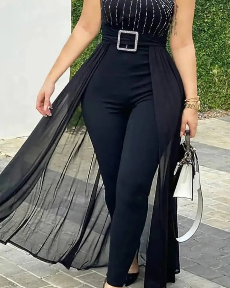 Elegant Jumpsuit for Women Party Summer Casual Rhinestone Sheer Mesh Sleeveless Jumpsuits Skinny Outfits Fashion Ladies Suit