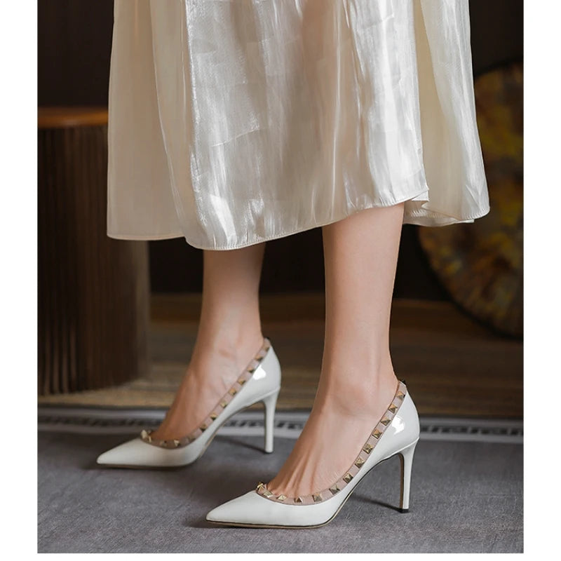 2025 New Luxury Brand High Heels Women's Shoes Metal Rivet Pointed Black Pumps Fashion Sexy Genuine Leather Women's Single Shoes