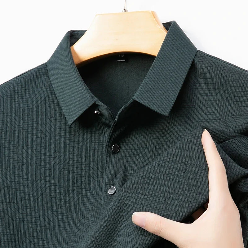 New Men's Business Casual Long Sleeved Shirt with Badge Solid Color Polo Shirt Fashionable Breathable Comfortable Versatile Top