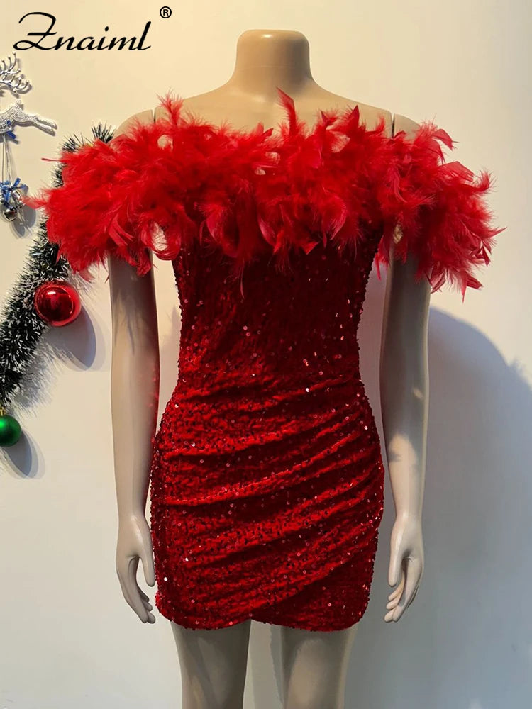 Znaiml Sexy Feather Sequin Glitter Off Shoulder Bodycon Night Club Mini Dress Women Backless Slim Ruched Birthday Gowns Vestidos